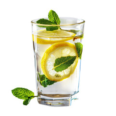 Detox water in a clear glass with lemon slices and fresh mint leaves, pastel tones, isolated on white background