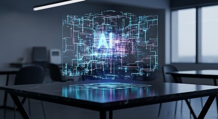 Holographic AI interface projected above a table in a modern office setting, symbolizing artificial intelligence and future technology.