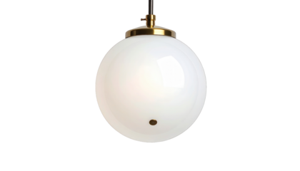 Bright, round, white globe pendant light fixture against a black backdrop