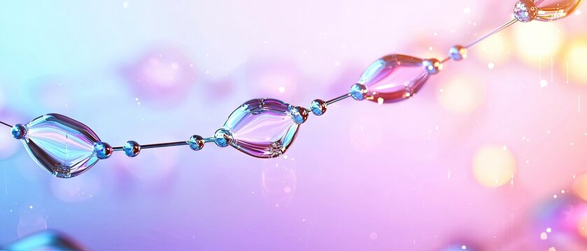 Close-up of a delicate chain made of transparent, diamond-shaped water droplets and small spheres, suspended against a soft, blurred background of pink and blue