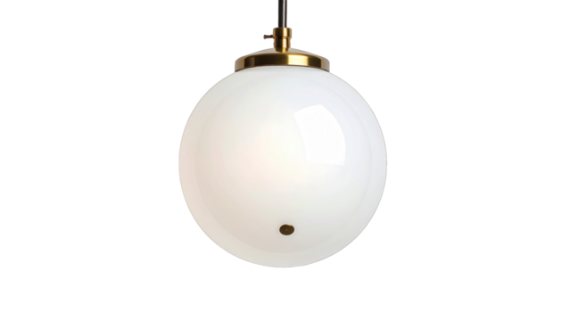 Bright, round, white globe pendant light fixture against a black backdrop