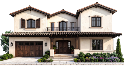 Two-story stucco home with a tiled roof, wooden details, and lush landscaping