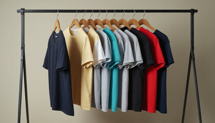 Colorful tshirts on hangers on wooden wall background 3d mockup tshirt
9