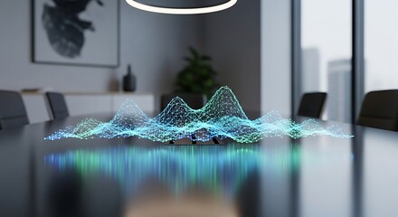 Abstract digital sound wave visualization projected onto a conference table.