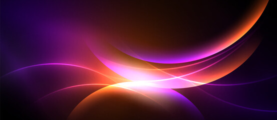Abstract vibrant curves, flowing light. Purple, orange hues dominate dark background. Dynamic energy radiates from central glow.