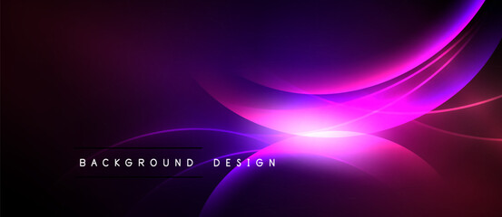 Abstract purple waves radiate from bright center. Dark background creates dramatic visual effect. Modern design element.