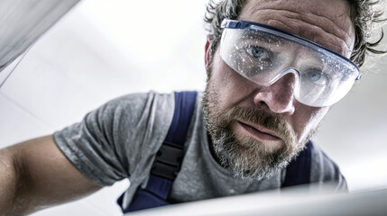 A serious worker, sporting safety goggles, inspects machinery closely in a well-lit workshop, showcasing dedication to quality and safety during repair
