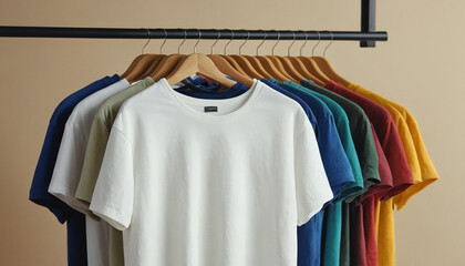 Colorful tshirts on hangers on wooden wall background 3d mockup tshirt8
