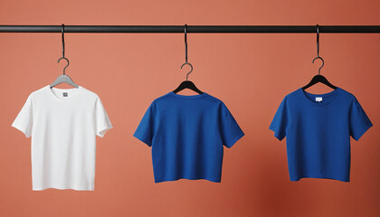 Colorful tshirts on hangers on wooden wall background 3d mockup tshirt
7