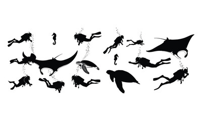 Underwater life silhouettes with divers, manta rays, turtles