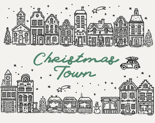 Christmas Town, handdrawn whimscial illustration, vector set of cute buildings