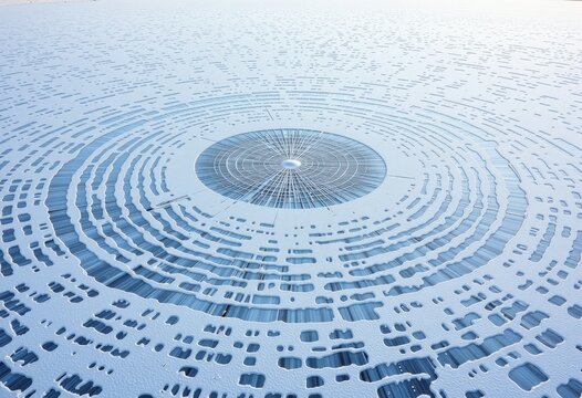 Aerial View of Frozen Lake with Intricate Circular Pattern of Ice Formations Creating a Mesmerizing Symmetry and Geometric Texture in Winter Landscape