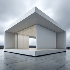 Modern white cube building with glass walls, minimalistic architecture, outdoor plaza, cloudy sky, and geometric design