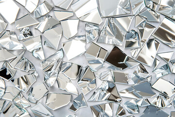 Sharp, reflective shards of broken mirror scatter across a white surface, creating a dazzling abstract pattern.