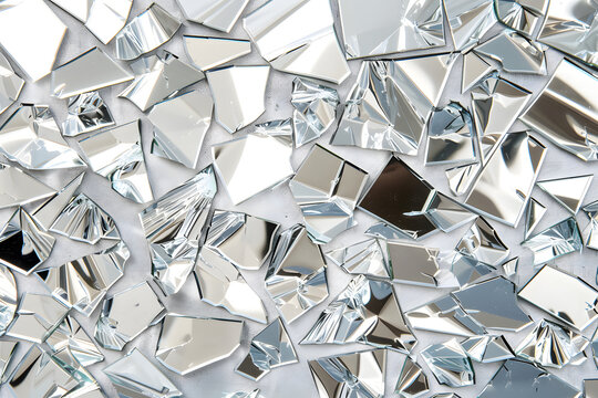 Sharp, reflective shards of broken mirror scatter across a white surface, creating a dazzling abstract pattern. - Powered by Adobe
