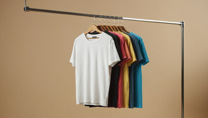 Colorful tshirts on hangers on wooden wall background 3d mockup tshirt
4