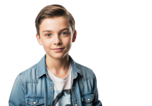 A portrait of a young man wearing a denim jacket and a white t-shirt, boy, denim jacket, jacket, man, portrait, pose, shirt, smile, tie, wear 