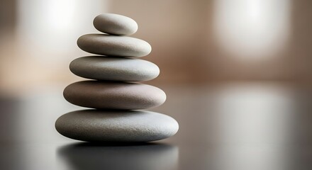 A stack of smooth, grey, and pinkish stones carefully balanced on a reflective surface, symbolizing balance and tranquility.