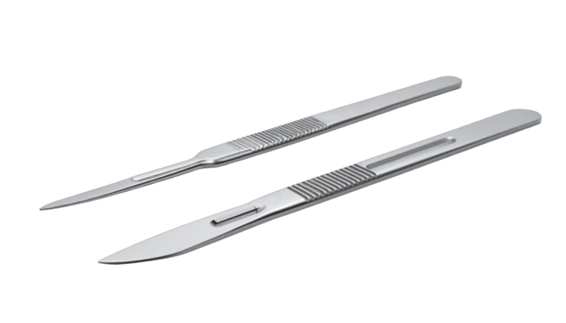 Two surgical blades; one assembled, one the handle, against a black background
