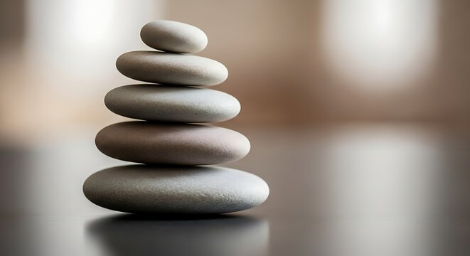 A stack of smooth, grey, and pinkish stones carefully balanced on a reflective surface, symbolizing balance and tranquility.