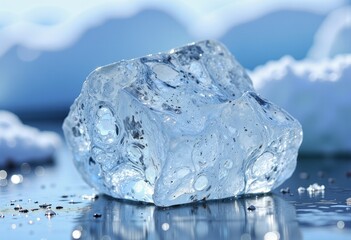 Obraz premium Close-Up of Pristine, Transparent Ice Cube Reflecting Sunlight on a Glossy Surface in a Winter Wonderland Setting