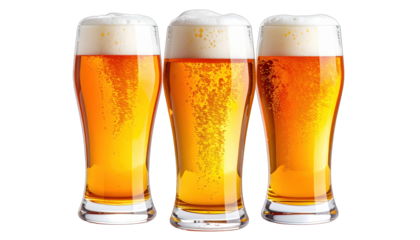 Three tall glasses of golden beer, each topped with a thick, frothy, white head