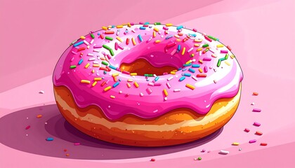 A cartoon donut with pink icing and colorful sprinkles sits on a pink surface with a soft shadow