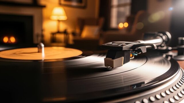 Nostalgic Vinyl: Capturing the Warmth and Sound of a Rotating Record Player in Cozy Room