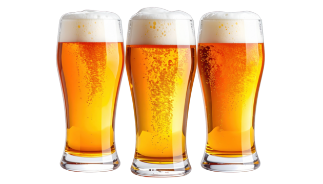Three tall glasses of golden beer, each topped with a thick, frothy, white head - Powered by Adobe