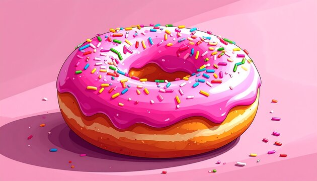 A cartoon donut with pink icing and colorful sprinkles sits on a pink surface with a soft shadow
