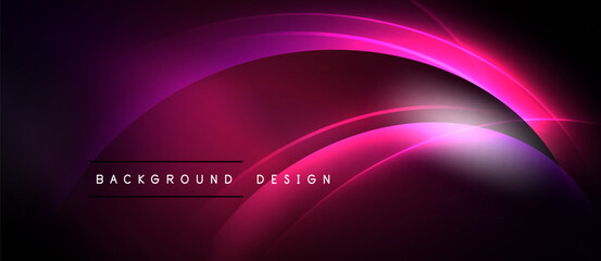 Abstract background features flowing curves, vibrant magenta hues, dark shades. Modern design evokes energy, dynamism, sleekness.