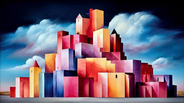 An abstract, stylized cityscape featuring a cluster of geometric buildings in vibrant, gradient colors, set against a dramatic sky with swirling clouds. - Powered by Adobe