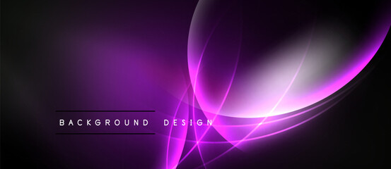 Dark purple abstract background. Glowing lines create dynamic, flowing shapes. Text reads background design below curves. Minimalist, modern aesthetic.