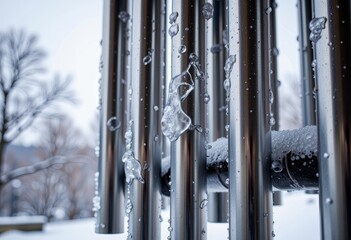 Obraz premium Glistening Icicles on Metallic Wind Chimes Silhouetted Against a Winter Landscape with Blurred Snow-Covered Trees in the Background