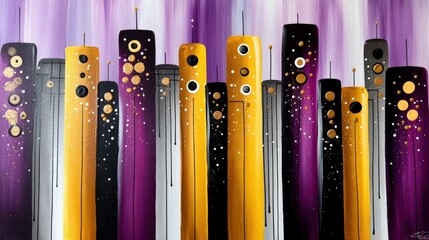 An abstract painting depicting a stylized cityscape with tall, rectangular buildings in bold colors like purple, yellow, and black. Gold circles and dots are sc