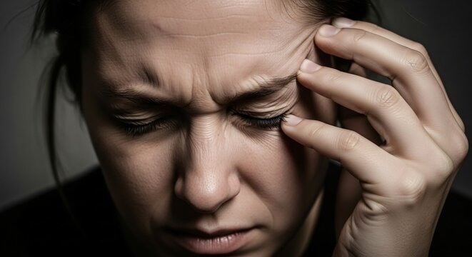 Cluster Headache Depicted Through Intense One Sided Temple Pain Shown in a Tightly Focused Emotional Portrait