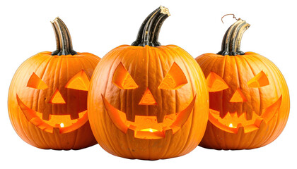 Three grinning, carved, illuminated pumpkins on a black background