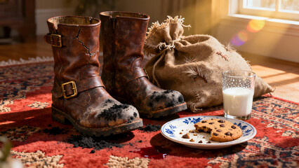Rugged leather boots and a dusty sack rest by a comforting glass of milk and cookies, symbolizing journey's end and simple rewards