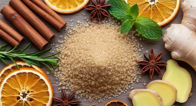 Brown Sugar with Cinnamon Sticks and Star Anise on Wooden Surface
