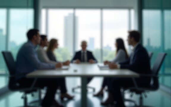 Group of professionals engaged in brainstorming session inside glass-partitioned boardroom - business meeting concept with blurred effect. High quality