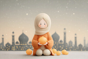 cartoon girl in a beige hijab and orange sweater holds a small orange orb, surrounded by similar orbs, against a backdrop of glowing mosque silhouettes under a gently falling snow, perfect for Ramadan