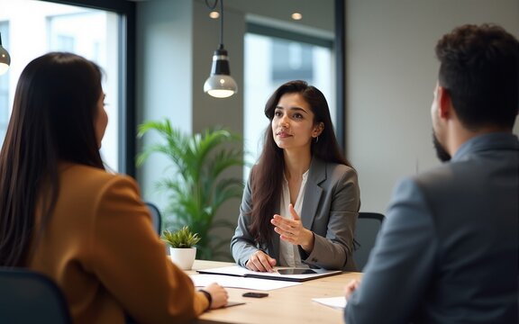 Young Indian woman make speech during group meeting, engaged in collaborative discussion in modern office room, take part at informal meeting or brainstorming session, strategy proposal, or feedback