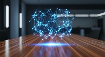 A glowing blue abstract network of interconnected nodes floats above a wooden table in a modern office setting.