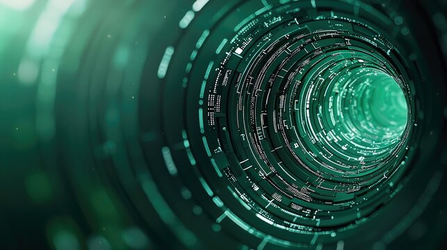 A futuristic, abstract digital tunnel with intricate circuitry patterns and glowing lights. The tunnel is rendered in shades of green, creating a sense of depth - Powered by Adobe