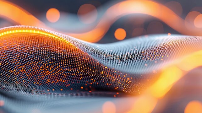 An abstract digital visualization featuring a flowing, wavy surface composed of tiny dots, illuminated by glowing orange light and blurred bokeh effects, sugges - Powered by Adobe
