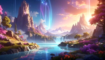 Obraz premium Dreamy landscape with mountains, pink trees, and a waterfall flowing into a tranquil lake under a colorful sky