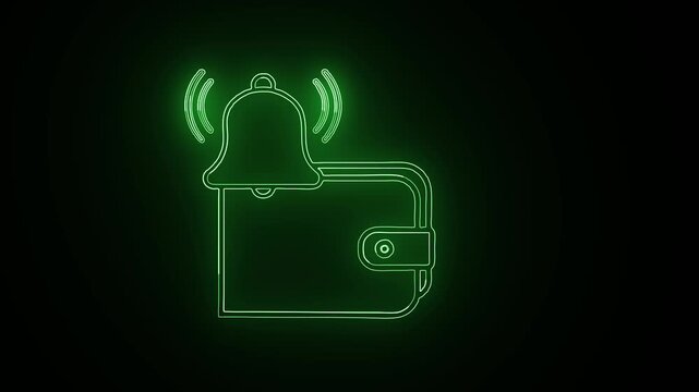 Glowing Digital wallet, Norification bell, trendy banking and finance innovations neon green motion Icon, Perfect for trendy Animation 4K