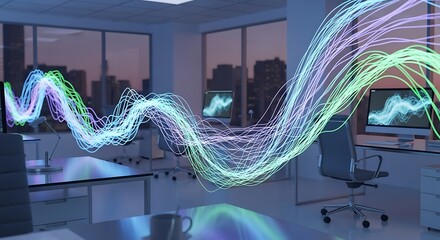 Abstract visualization of data streams flowing through a modern office space with city skyline view.