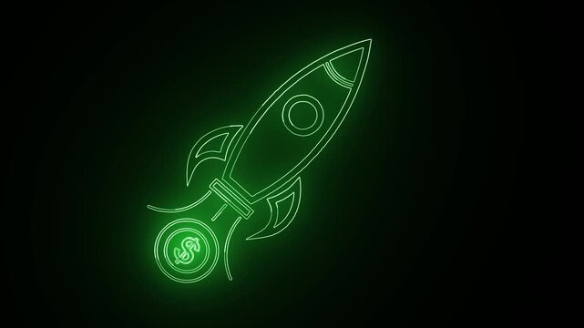 Glowing Digital money transfer, rocket, trendy banking and finance innovations neon green motion Icon, Perfect for trendy Animation 4K