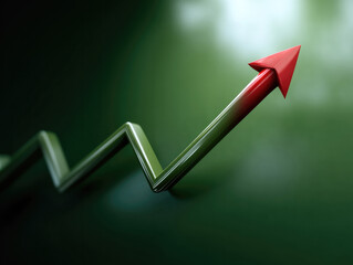 Green graph with upward red arrow showing financial growth, success, and positive trend on dark background
